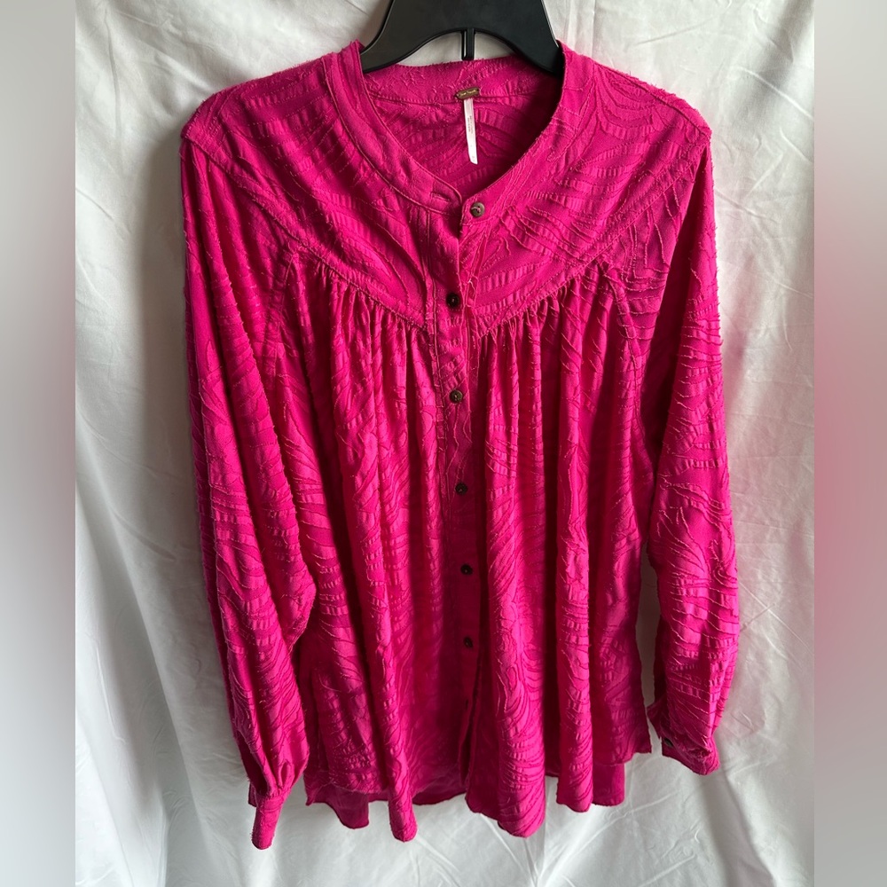 Free People Pink Textured Long Sleeve Button Down Babydoll Top Size M